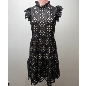 Sea New York Black Eyelet Lace Mock Neck Ruffle Dress US 0